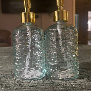 Glass Liquid Soap Dispenser clear light teal blue set 2